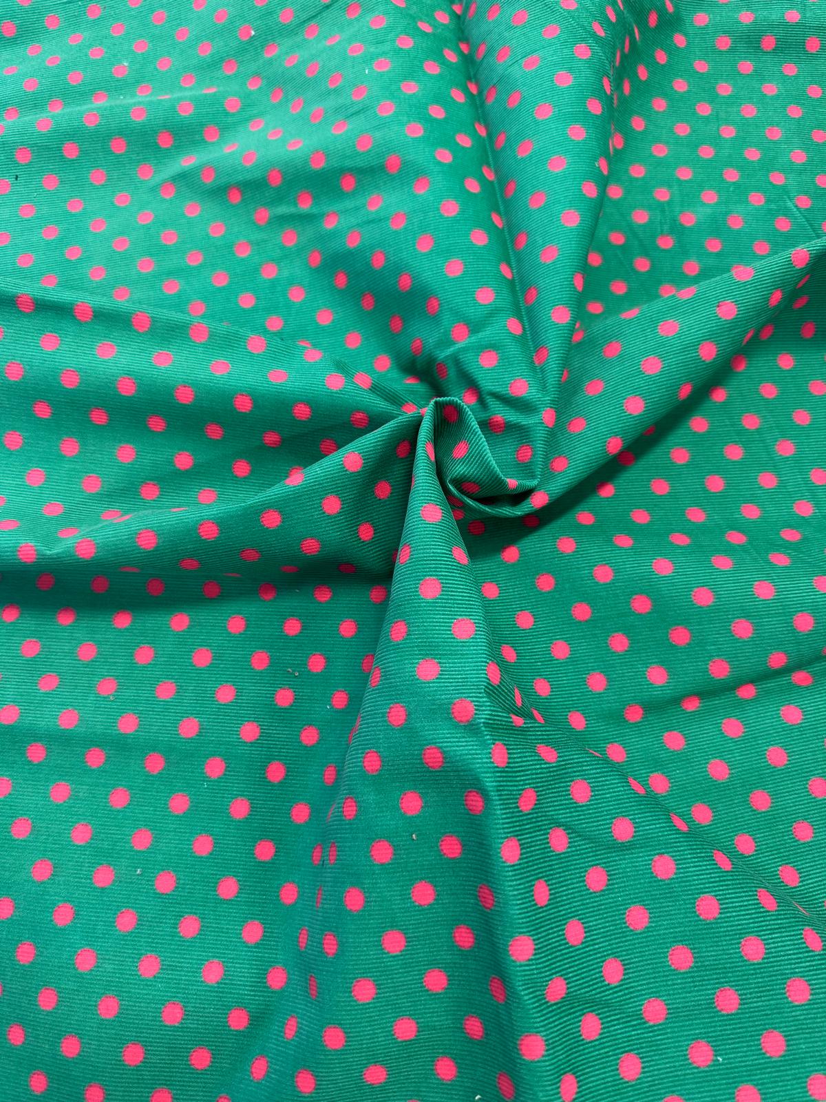 21 WALES CORDUROY 100% COTTON POLKA DOT GREEN/PINK SOLD BY THE YARD